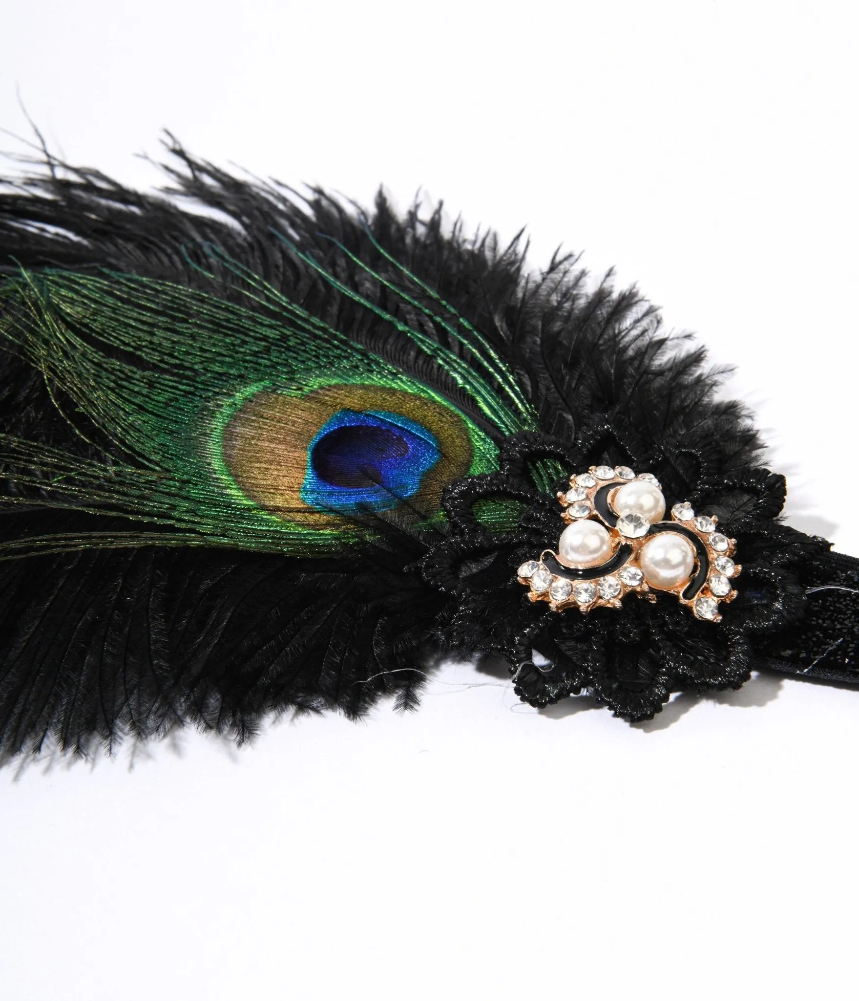 1920s Peacock Feather Pearl Gem Flapper Headband